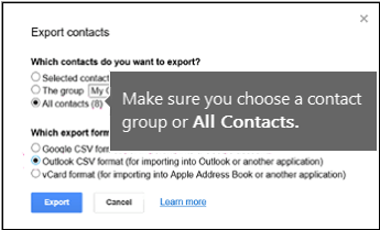 Cuadro de diálogo exportar contactos de Gmail