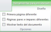 Grupo Opciones de encabezado y pie de página