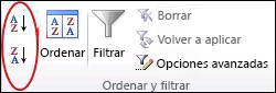 Botones Ordenar rápido del grupo Ordenar y filtrar en la pestaña Datos