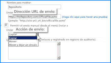 Captura de pantalla de la sección Configuración de conexiones de la página Conexión de Enviar a en el centro de administración de SharePoint Online. Aquí puede especificar la URL de una ubicación de destino del Organizador de contenido.