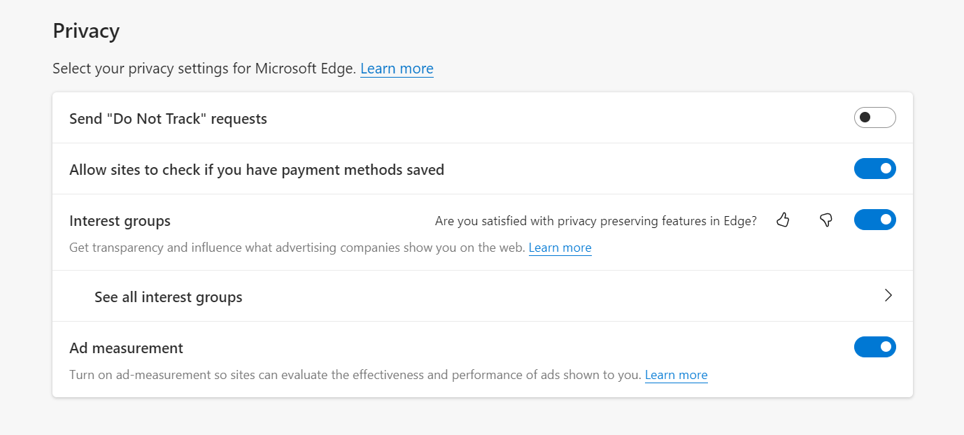 Captura de pantalla de la página de privacidad de anuncios en la configuración de Microsoft Edge