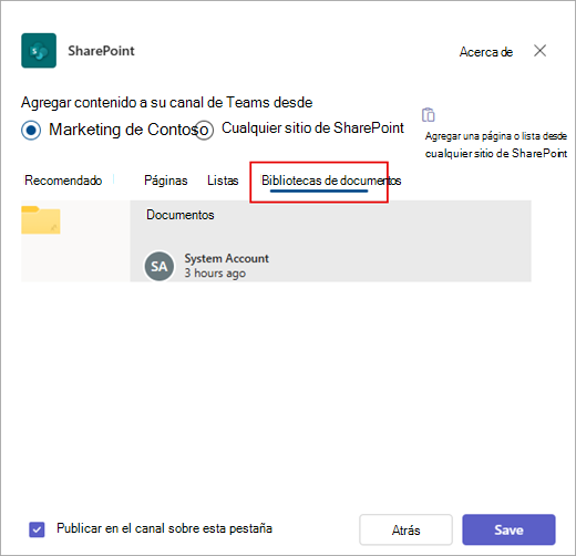 Agregue una biblioteca de documentos de SharePoint a Teams.