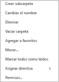 Menú contextual o de acceso directo que se muestra al hacer clic con el botón derecho en una carpeta personal