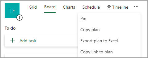 Muestra una página de Planner con la lista Más expandida. La lista incluye "Copiar vínculo al plan".