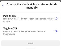 Captura de pantalla de selección manual del modo de transmisión de auriculares en el Walkie Talkie