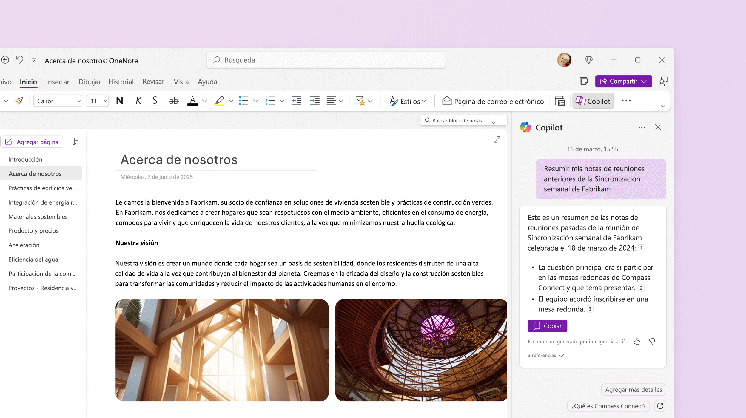 Captura de pantalla que muestra a Copilot en OneNote haciendo un resumen de la nota.