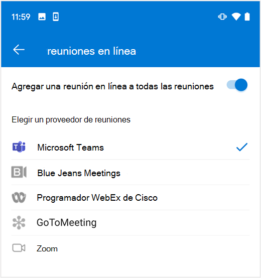 Seleccionar el proveedor de reuniones en línea predeterminado en Outlook en Android