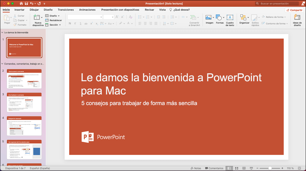 Ventana de PowerPoint 2021 para Mac con la plantilla abierta Realizar un recorrido