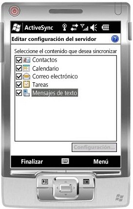 Active la casilla de verificación Mensajes de texto en Windows Mobile 6.5