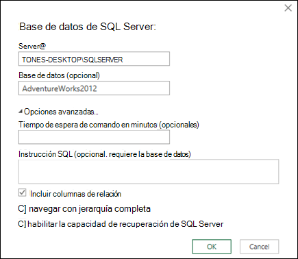 Power Query SQL Server cuadro de diálogo Conexión de base de datos