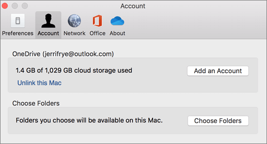 Captura de pantalla de agregar una cuenta en OneDrive preferencias en un equipo Mac