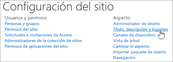 Configuración del sitio con título, descripción, logotipo seleccionado