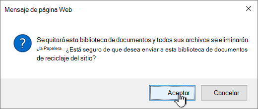 Cuadro de diálogo Confirmación al eliminar una biblioteca