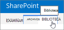 La biblioteca y la pestaña Examinar en la cinta