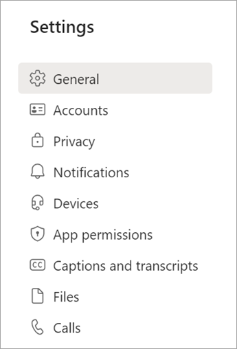 Captura de pantalla de las categorías de configuración en Microsoft Teams aplicación de escritorio.