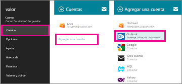 Páginas del menú Correo de Windows 8: Configuración > Cuentas > Agregar una cuenta