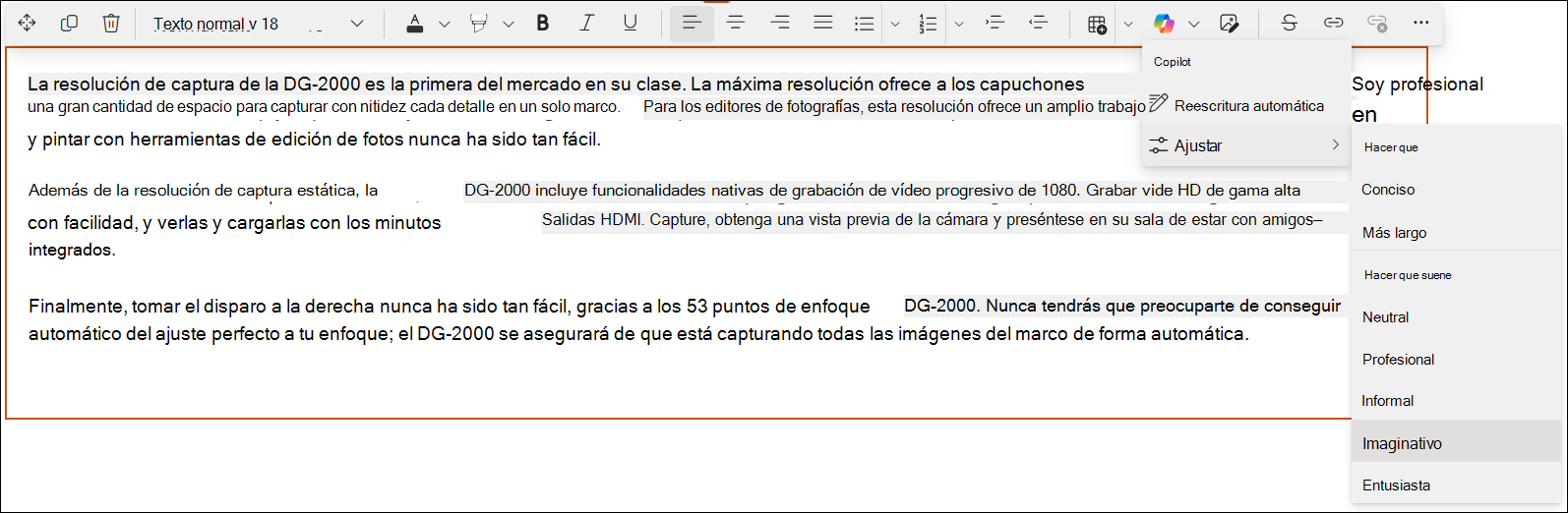 Captura de pantalla de una vista rápida de Copilot en el editor de SharePoint