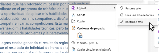 Texto seleccionado en OneNote. Se muestra el menú contextual, con "Copilot" seleccionado y "Reescribir esto" seleccionado en el submenú.