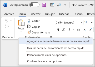 Imagen de la lista desplegable personalizar la barra de herramientas de acceso rápido para agregar comandos