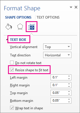 Selección de Ajustar tamaño de la forma al texto en el panel Formato de forma