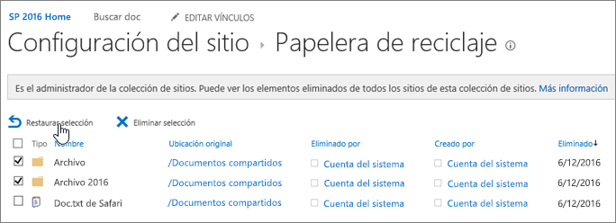 Reciclaje de 2.º nivel de SharePoint con el botón de restaurar resaltado