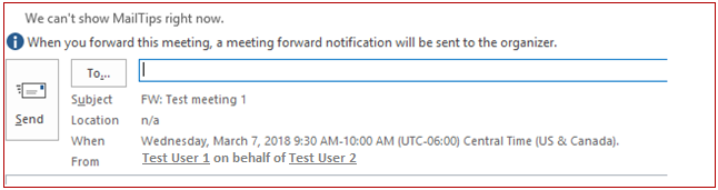 Una captura de pantalla de una advertencia cuando se reenvía una invitación de reunión a un destinatario no habilitados para buzón