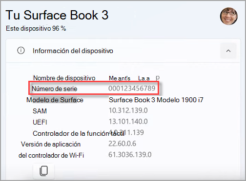 Encontrar el número de serie de tu dispositivo Surface en la aplicación Surface.