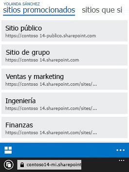 sitios promocionados en SharePoint Online en un dispositivo móvil