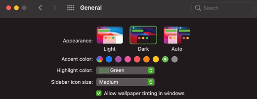 El modo oscuro seleccionado en macOS.
