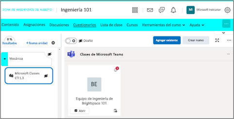 Captura de pantalla de un curso de D2L Brightspace en el que se resalta la característica Microsoft Classes.