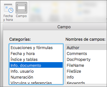 Captura de pantalla que muestra los códigos de campo filtrados por la categoría Información del documento