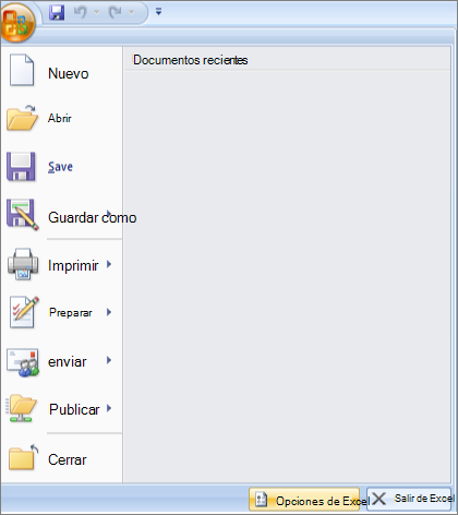 opciones de archivo en Excel 2007