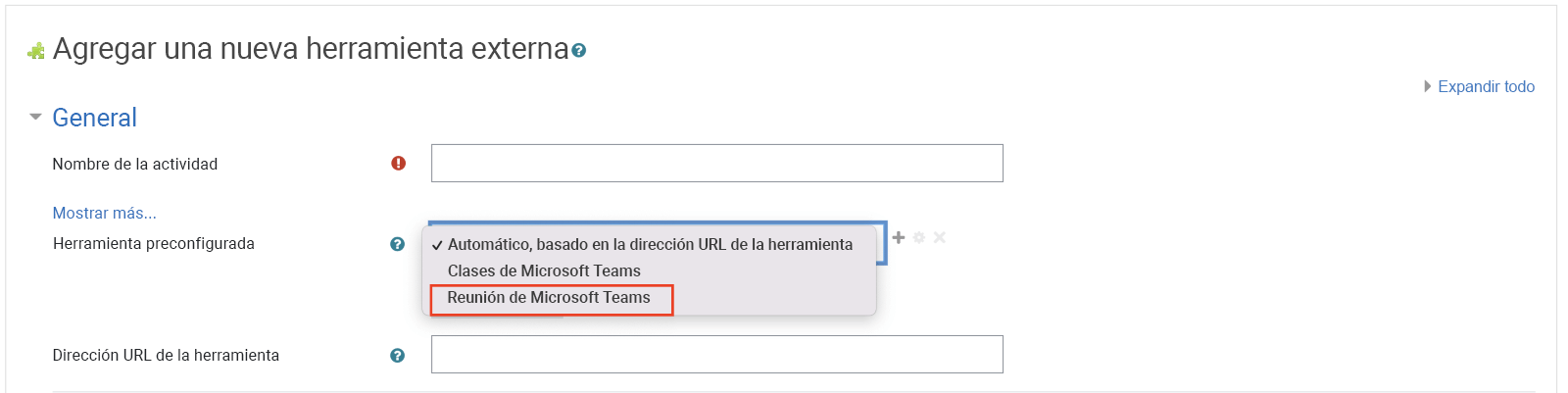 Captura de pantalla de Moodle, selección de "Reuniones de Teams" en la lista desplegable de herramientas preconfiguradas.