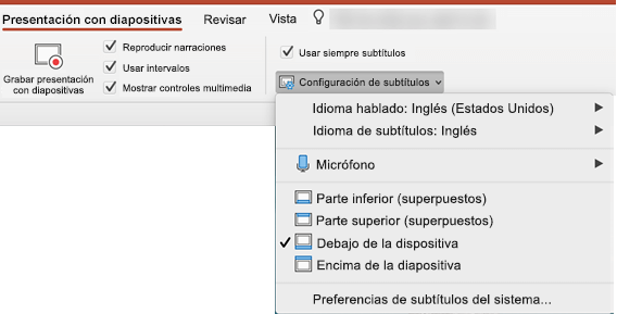 La configuración de subtítulos se encuentra en la pestaña Presentación con diapositivas de PowerPoint.