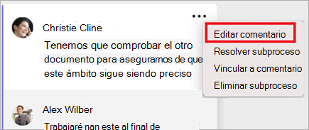 Comentario en Word en Mac, donde el menú más opciones tiene la opción "Editar comentario" seleccionada.