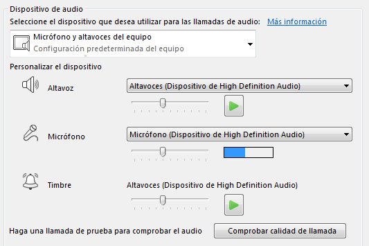 Captura de pantalla del cuadro Selección de dispositivo de audio donde puede configurar la calidad de audio