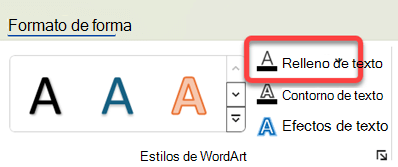 Para cambiar el color de WordArt, selecciónelo y, en la pestaña Formato de forma, seleccione Relleno de texto.