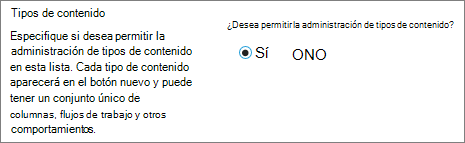 Botón Permitir la administración de tipos de contenido en configuración avanzada