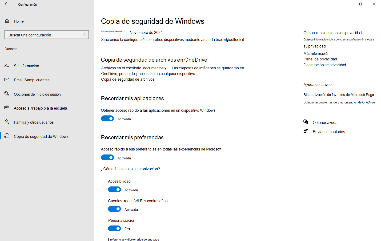 Captura de pantalla de la copia de seguridad de Windows de Configuración en Windows 10.