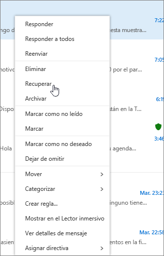 Una captura de pantalla muestra la opción Recuperar seleccionada, una vez seleccionado un mensaje de correo electrónico en la carpeta Elementos eliminados.