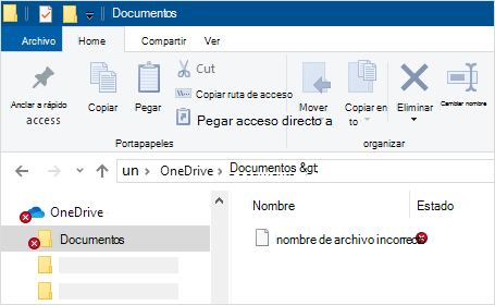 Explorador de archivos que muestra un error de sincronización de OneDrive