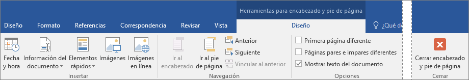 Se muestran las opciones disponibles en la pestaña Herramientas de encabezado y pie de página.