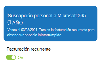 Muestra una suscripción de Microsoft 365 Personal con la facturación periódica activada.