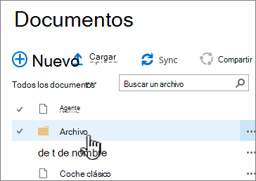 Biblioteca de documentos de SharePoint 2016 con la carpeta resaltada