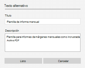 Ejemplo de texto alternativo para un archivo incrustado en OneNote para Windows 10.