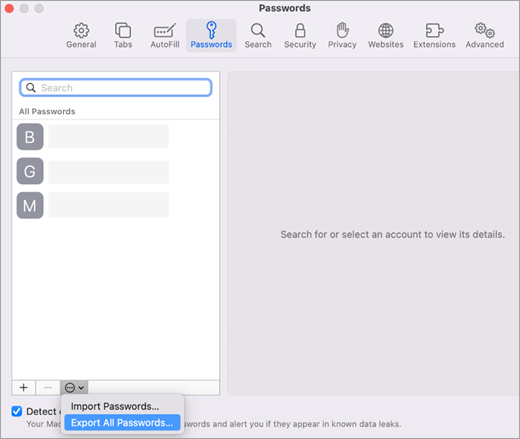 El menú contraseñas en la configuración de Safari con la opción Exportar todas las contraseñas seleccionada.