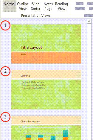 Números de páginas de las diapositivas en la vista normal