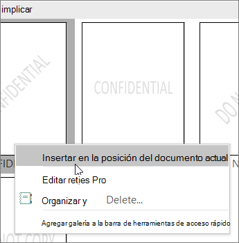 Haga clic con el botón derecho en la miniatura de la marca de agua que muestra el comando Insertar en posición actual del documento.