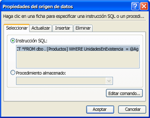 Cuadro de diálogo Editar comandos SQL personalizados con instrucción SQL