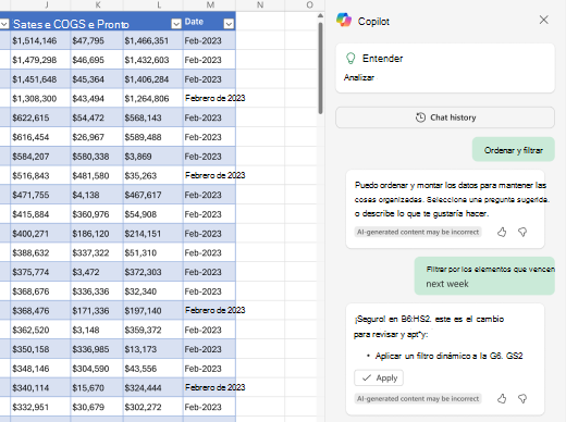 Captura de pantalla de cómo filtrar datos con Copilot en Excel.